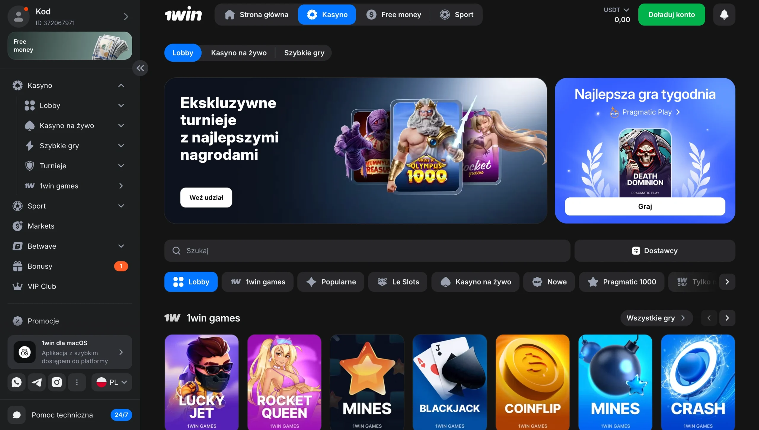 Lobby kasyna 1win z kategoriami gier