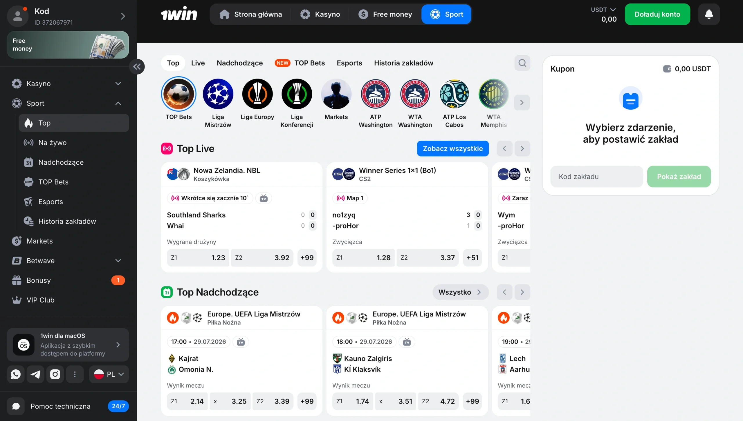 Sekcja zakladow sportowych w 1win
