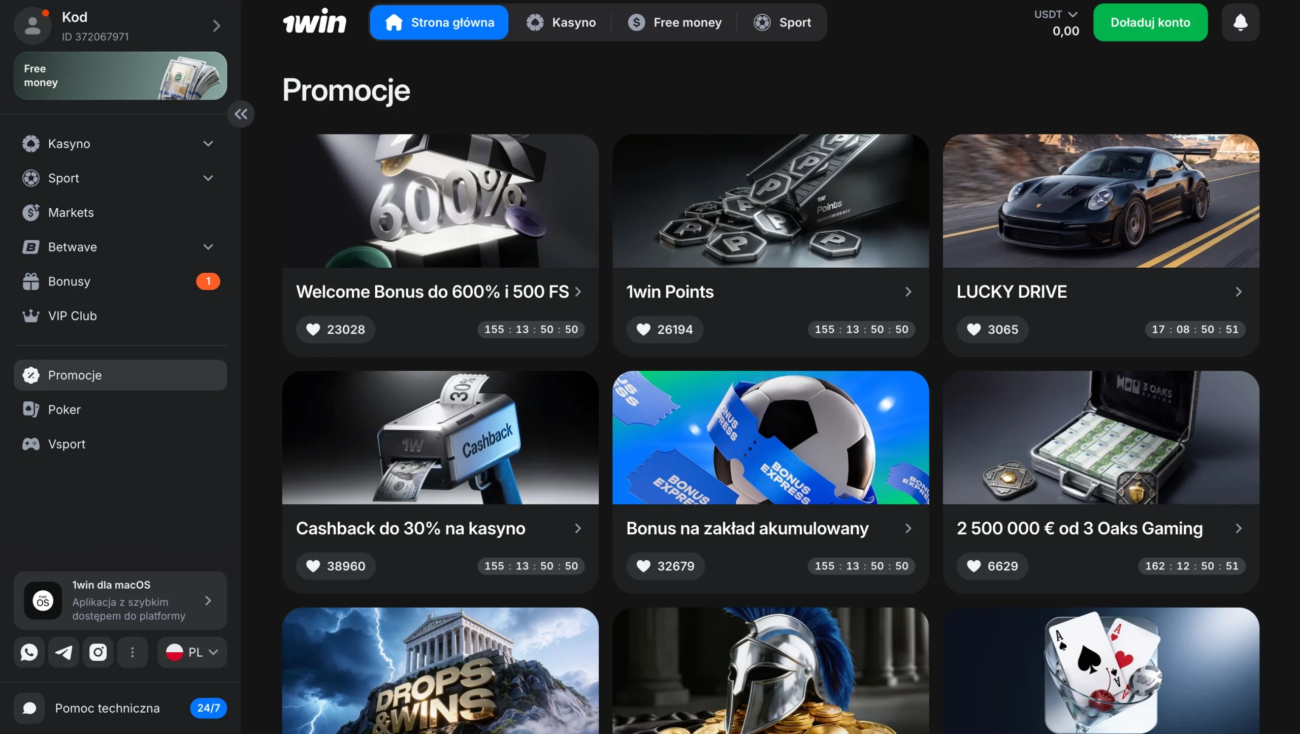 Dzial promocji w 1win z lista ofert